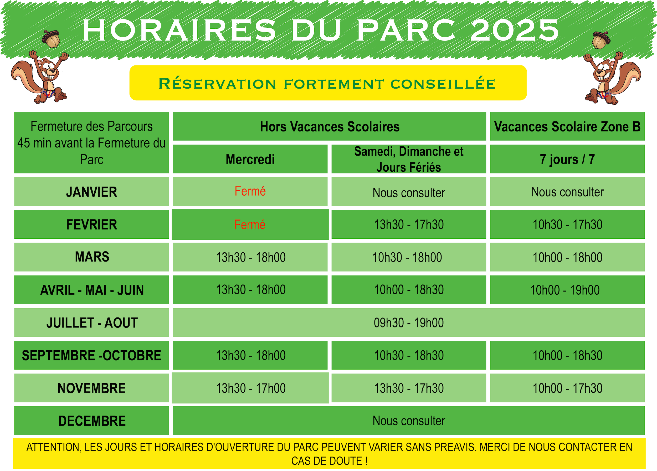 Horaires du Parc Accro Passion